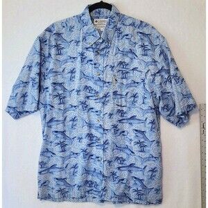 Columbia Men's M Blue Button-Up Shirt Sharks in Sunglasses Print Short Sleeve